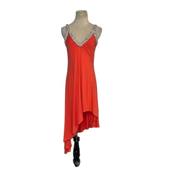 SKY orange crystal encrusted neck detail asymmetrical dress size M - Picture 1 of 16
